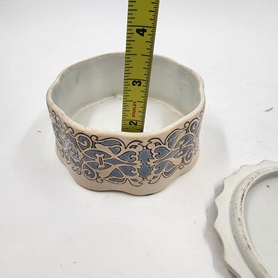 Embossed Ceramic Round Box w/ Lid Macau Pink Blue Floral Design 5"x2"