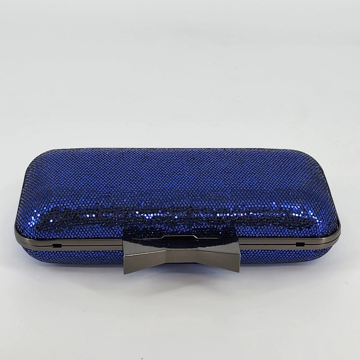 Blue Sparkle Bow Hard Shell Clutch Crossbody Purse Gunmetal Chain Strap 7"