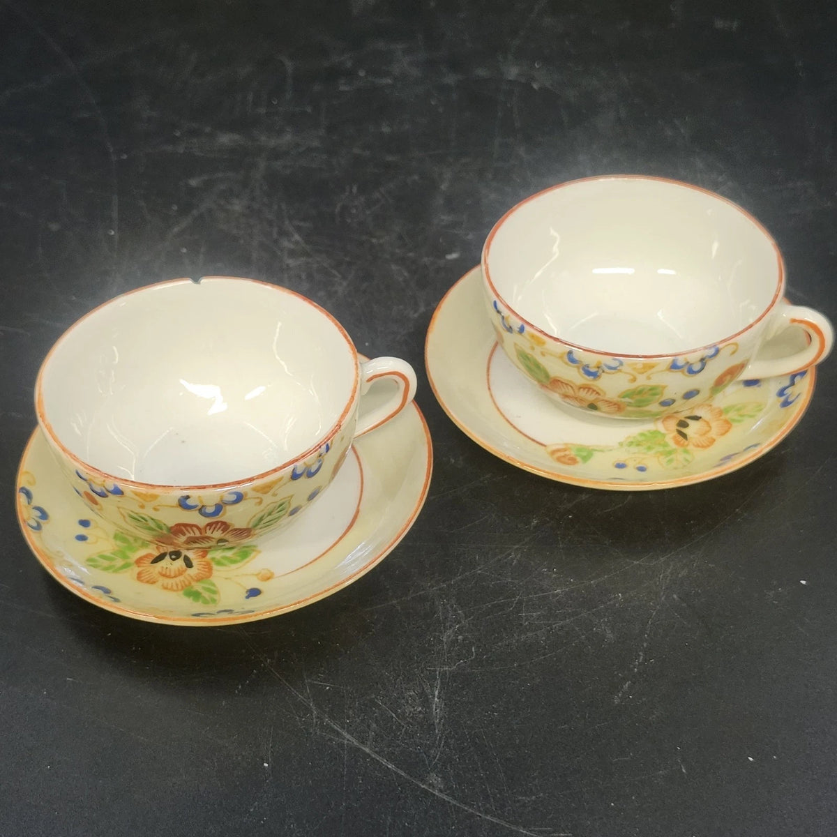 Porcelain Demitasse Cups & Saucers Set of 2 Hand Painted Floral Rim Chip Japan