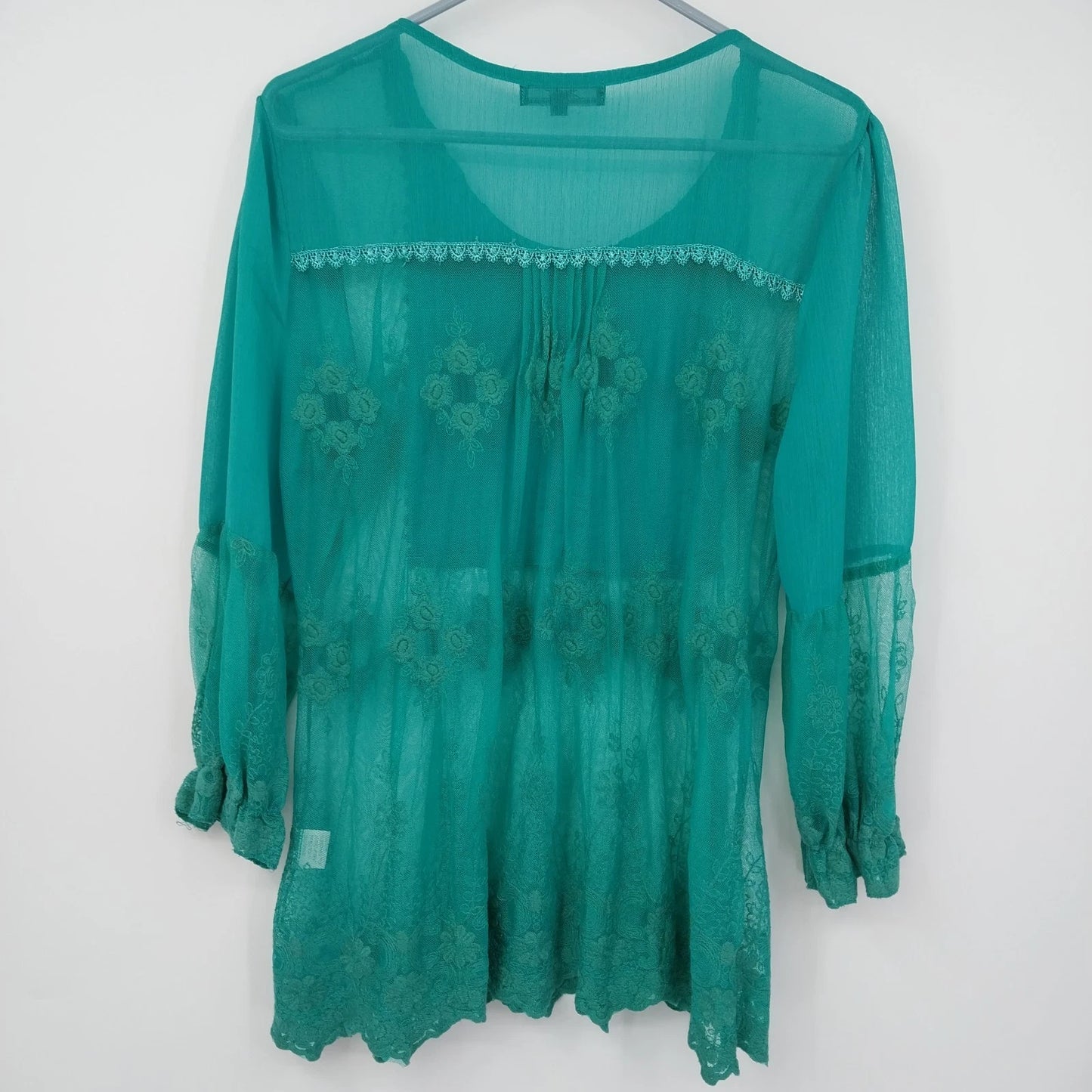 Zacin Women's Green Lace Mesh Tunic Blouse Long Sleeve Lined Top Size Large