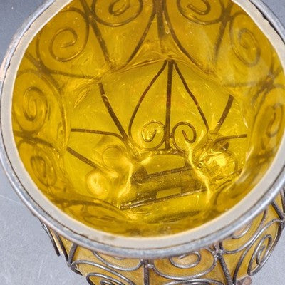 Vintage Amber Glass Caged Centerpiece – 13.5" Hand-Blown Vase or Candle Holder with Metal Footed Base – Rustic Farmhouse Décor