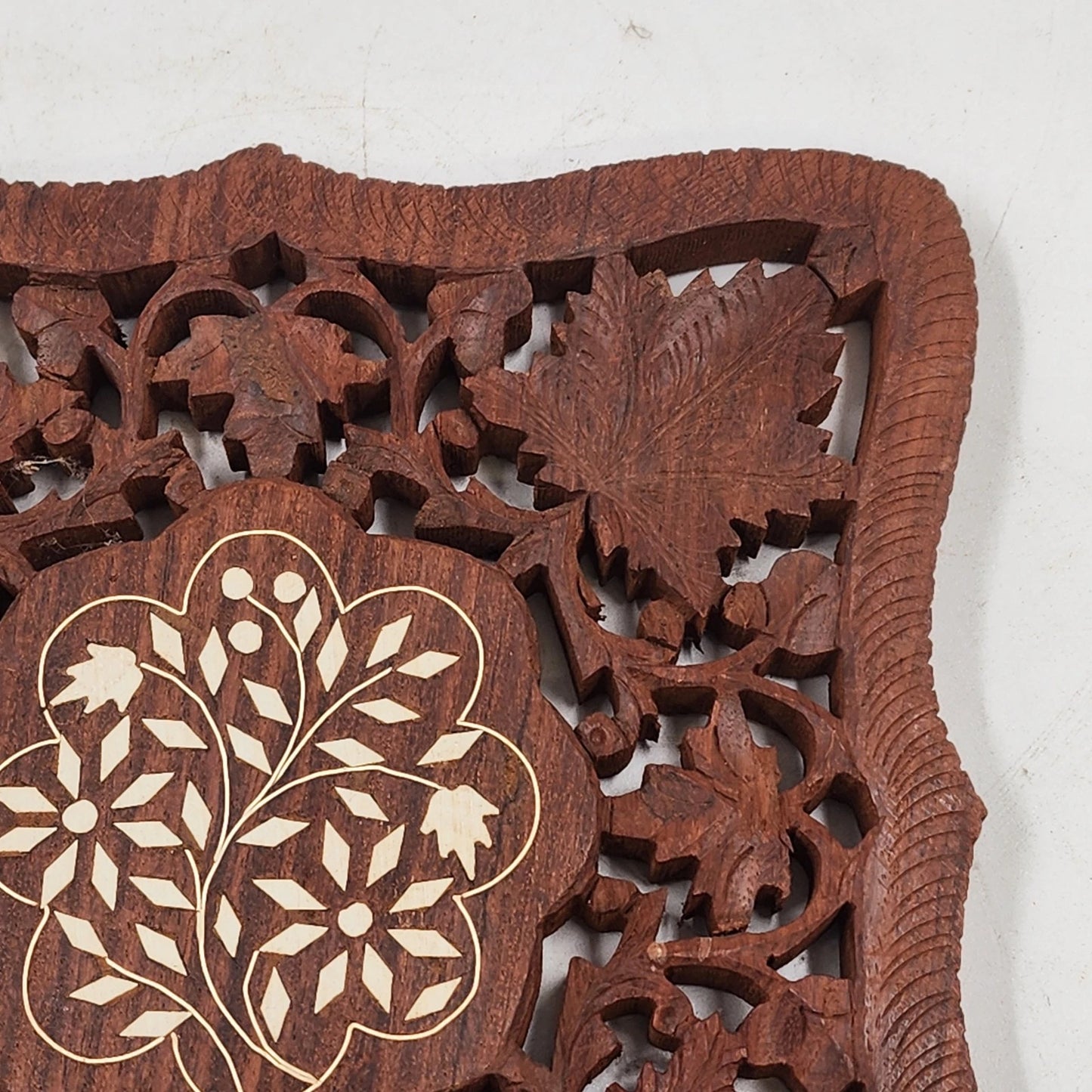 2 Hand Carved Wood Trivets 8" Gold Inlay Floral Leaf Design Scrolled Sides India