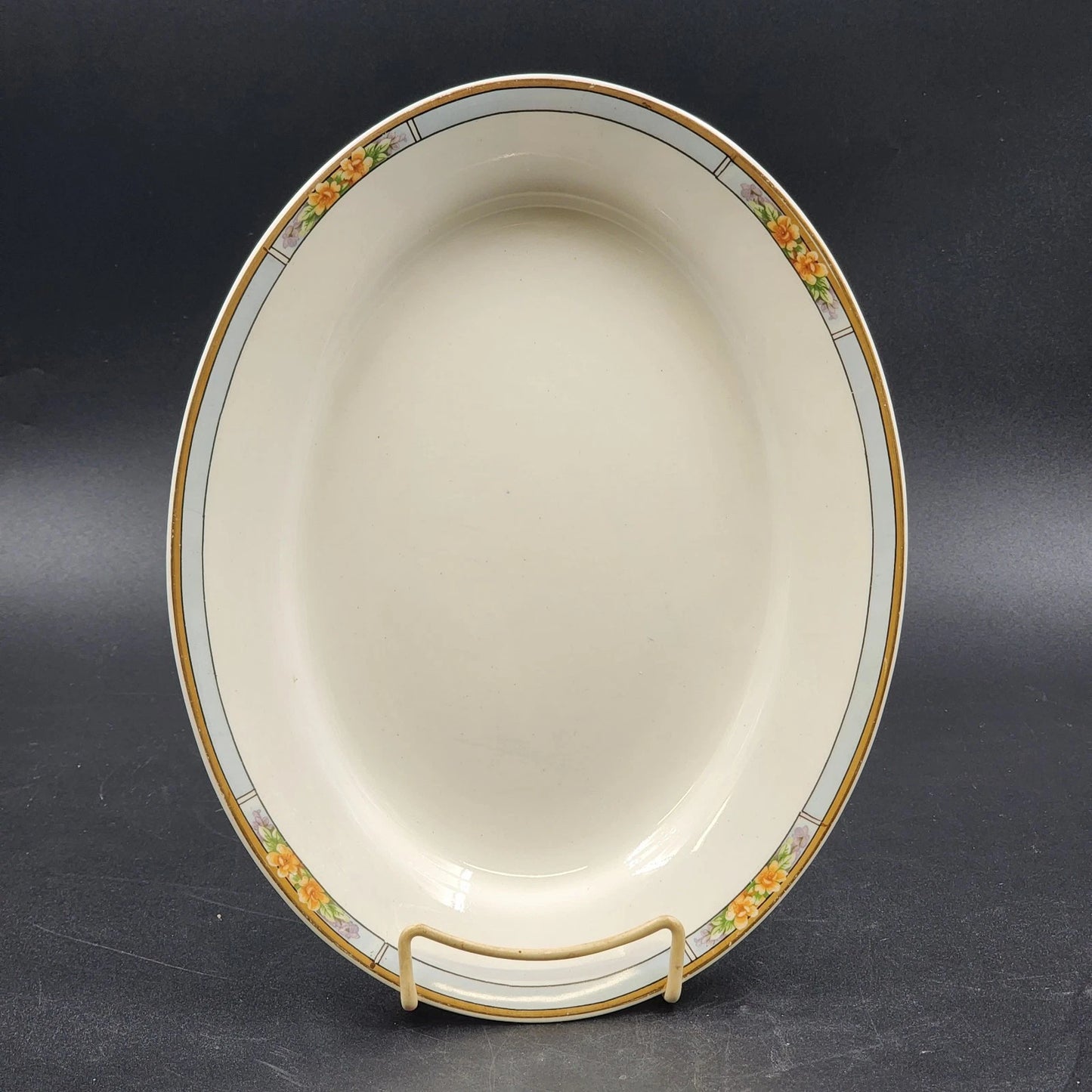 Nebraska Blue Oval Serving Platter 12" England Blue Rim Flower Accent J&G Meakin