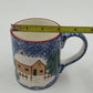 Coffee Mug Cook's Bazaar Holly Mountain Lodge Winter Scene Blue Speckled Rim Vtg