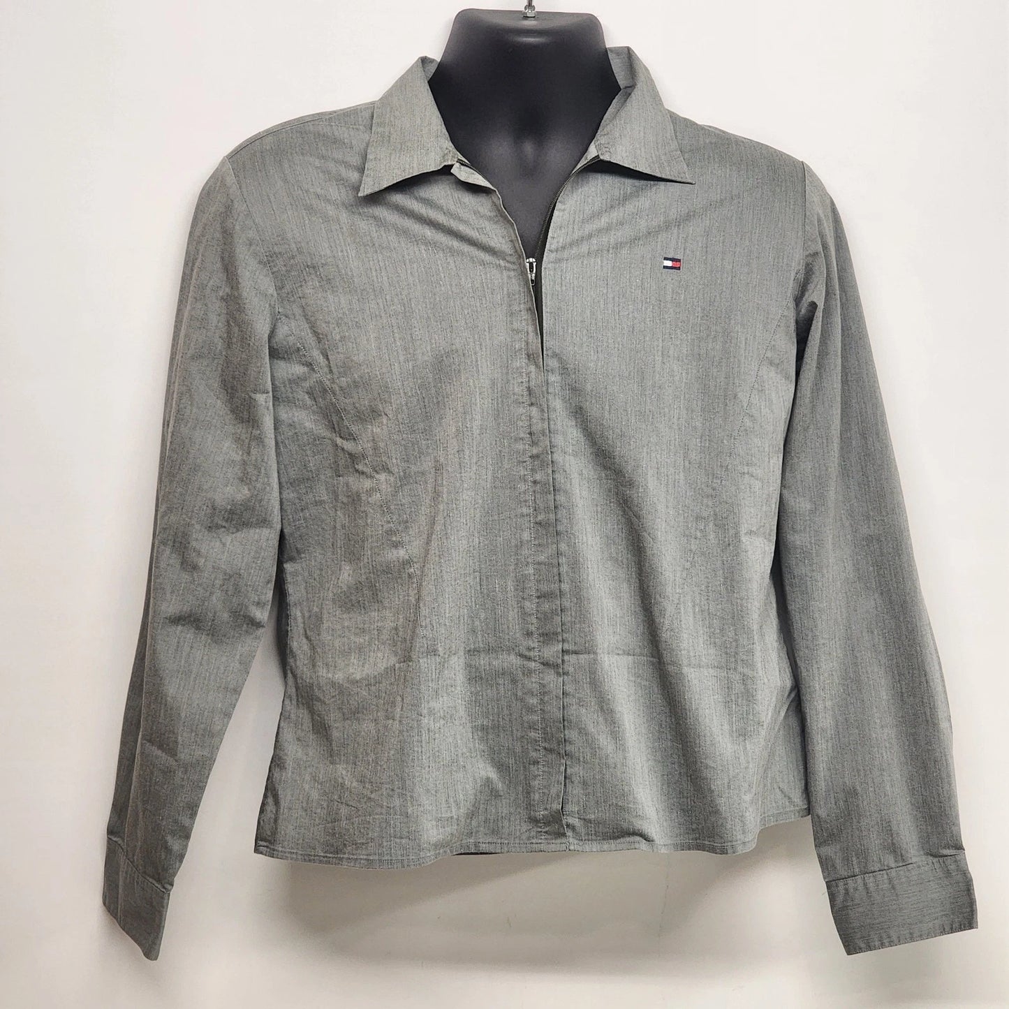 Tommy Hilfiger Women's Grey Zip Front Top Size L Fitted Logo Long Sleeve Darts