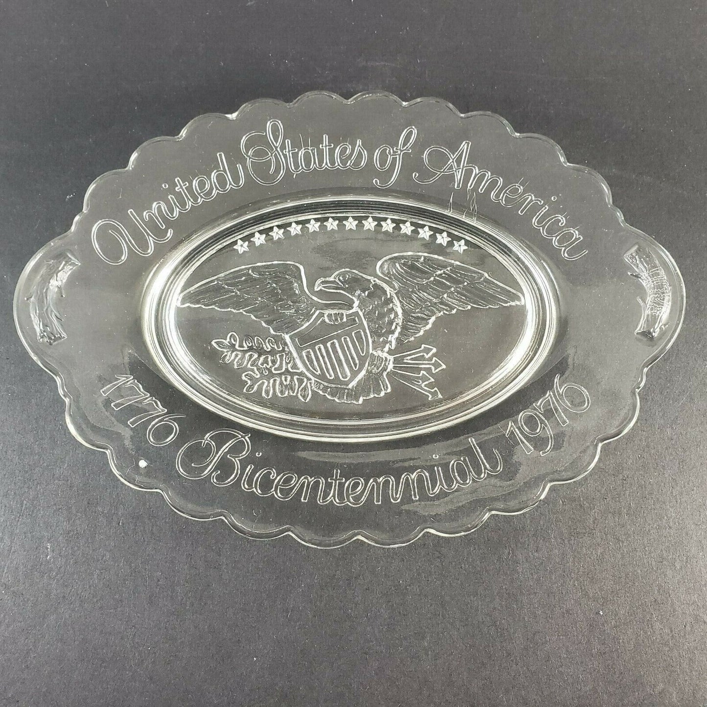 Avon 1776 Bicentennial 1976 Clear Glass Oval Plate w Eagle USA & Scalloped Edge