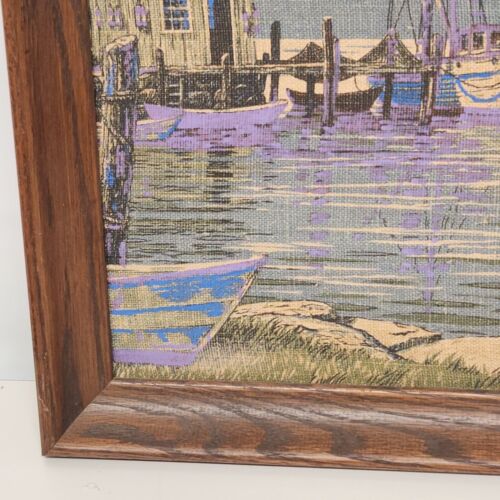 2 Painted Burlap Wall Prints Art Framed Noreaster Fishing Port Heavy into Purple