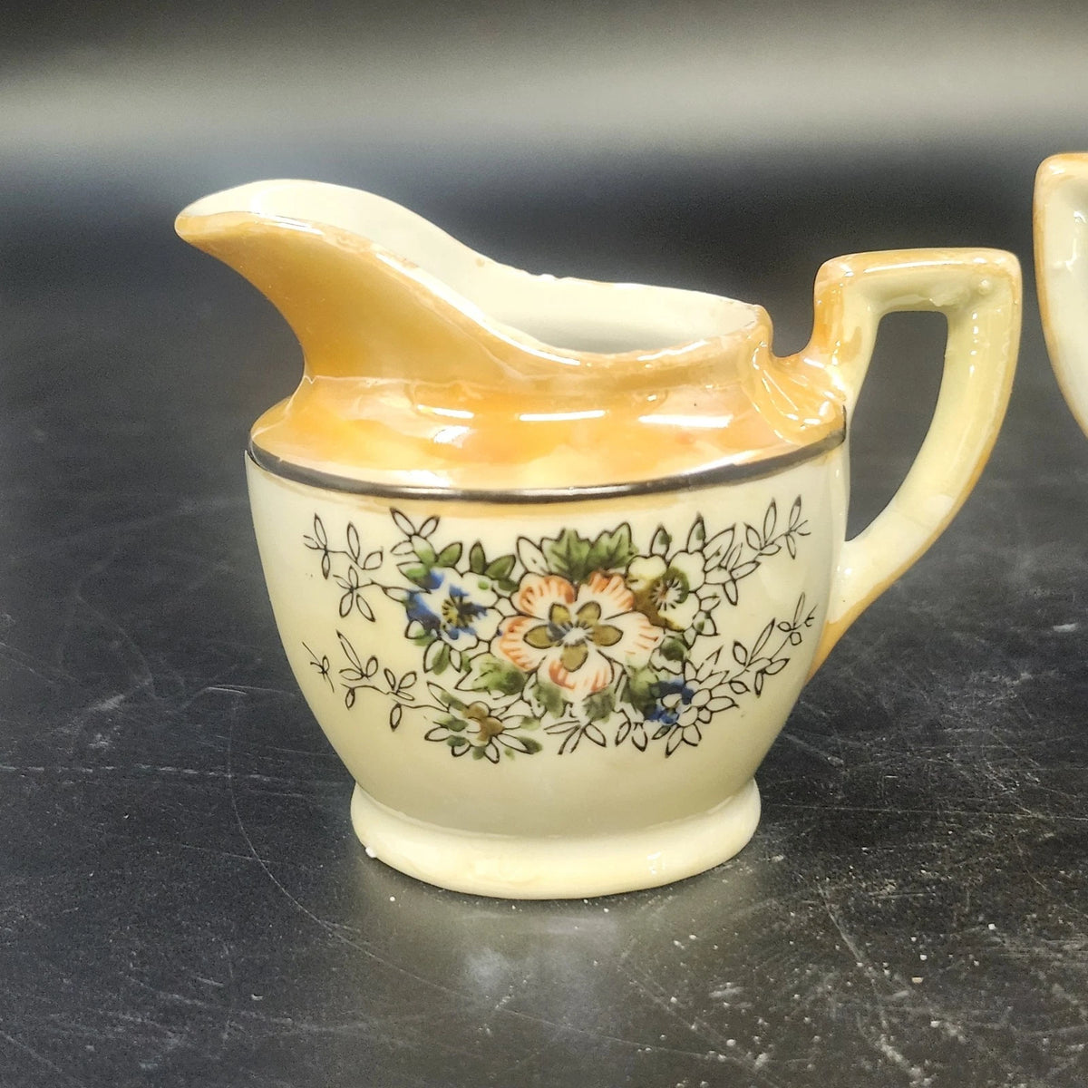 Floral Lusterware Creamer & Covered Sugar Bowl Set Gold Trim Handle Japan