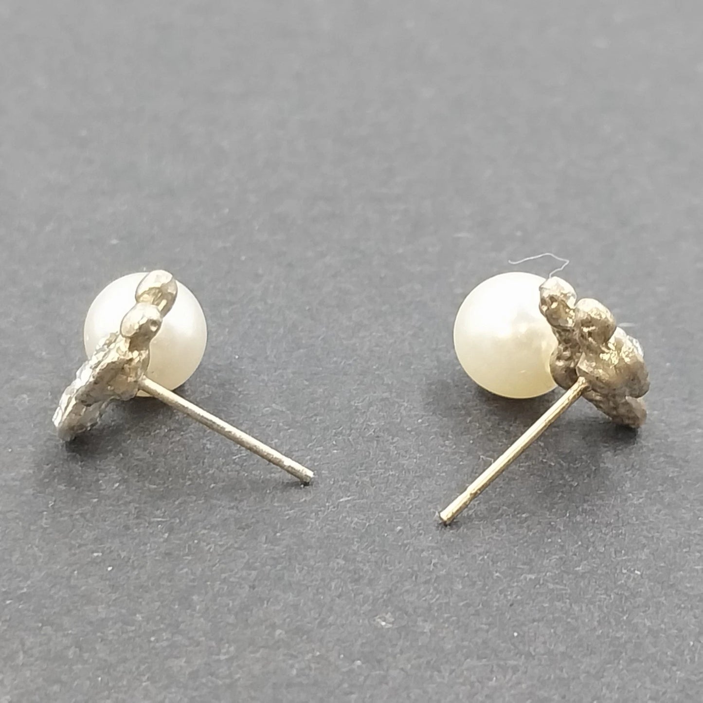 Faux Pearl Butterfly Wing Stud Earrings Gold Tone with Rhinestones Vtg Jewelry