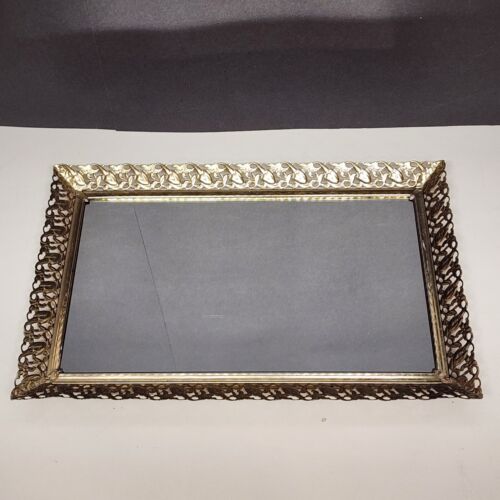 Gold Metal Vanity Dresser Mirror Tray Make-up Trinket Filagree Hanging Vintage