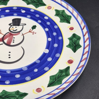 Round Serving Platter Present Tense Italy Hand Painted Snowman Christmas 14"