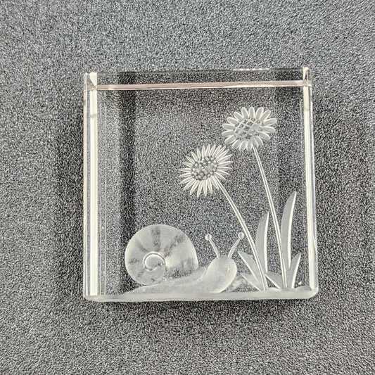 Reverse Etched Glass Paperweight Snail & Flower Design Clear Cube Collectible