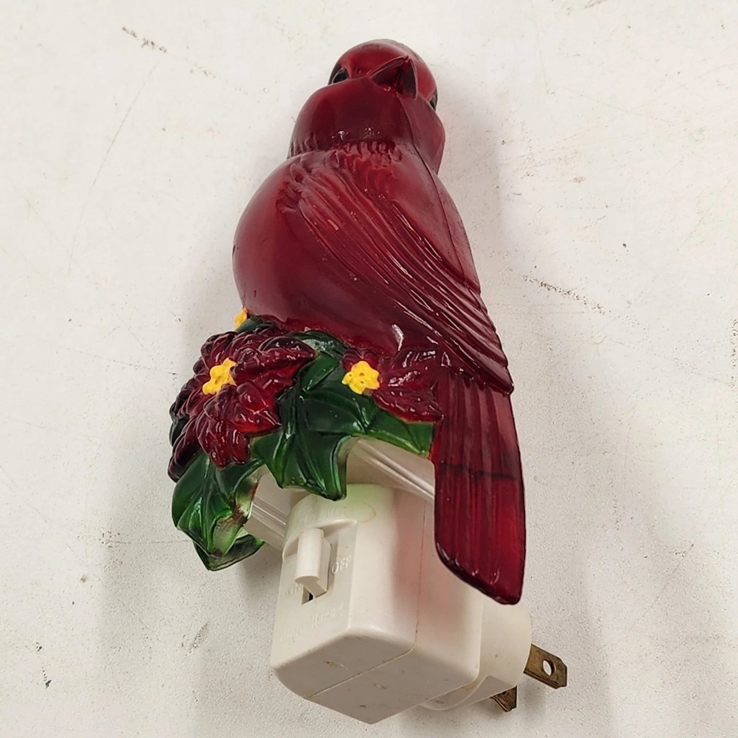 Red Cardinal Night Light Poinsettia Design Holiday Time C7 Bulb Outlet Mounted