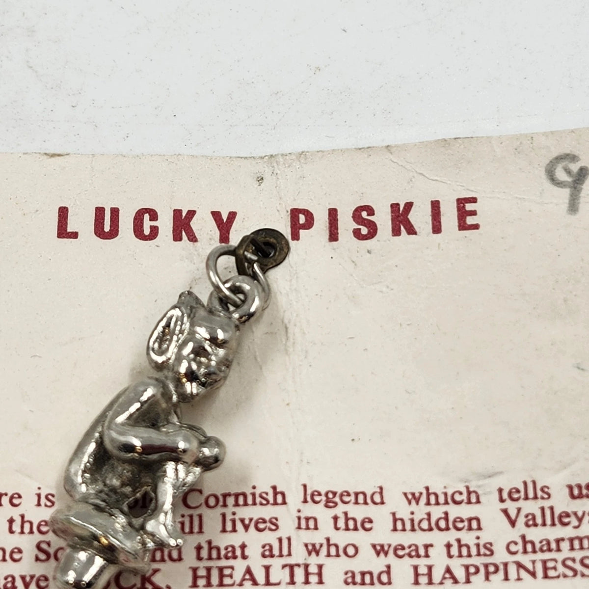 Cornish Lucky Piskie Pixie Luck Health Charm Silver Tone Pendant w Original Card