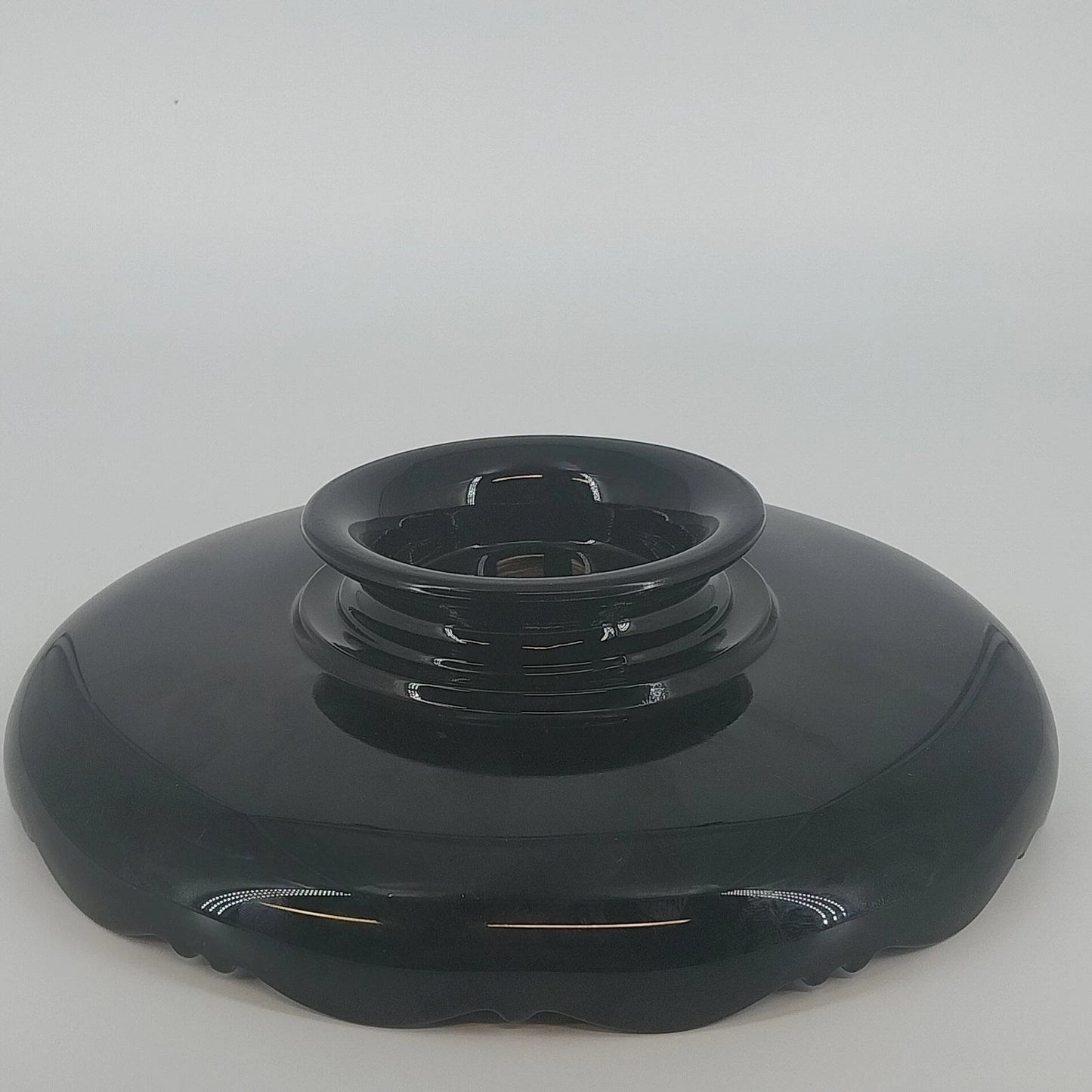 LE Smith Mt Pleasant Black Glass Footed Serving Bowl Scalloped Rim 9.25" Vintage