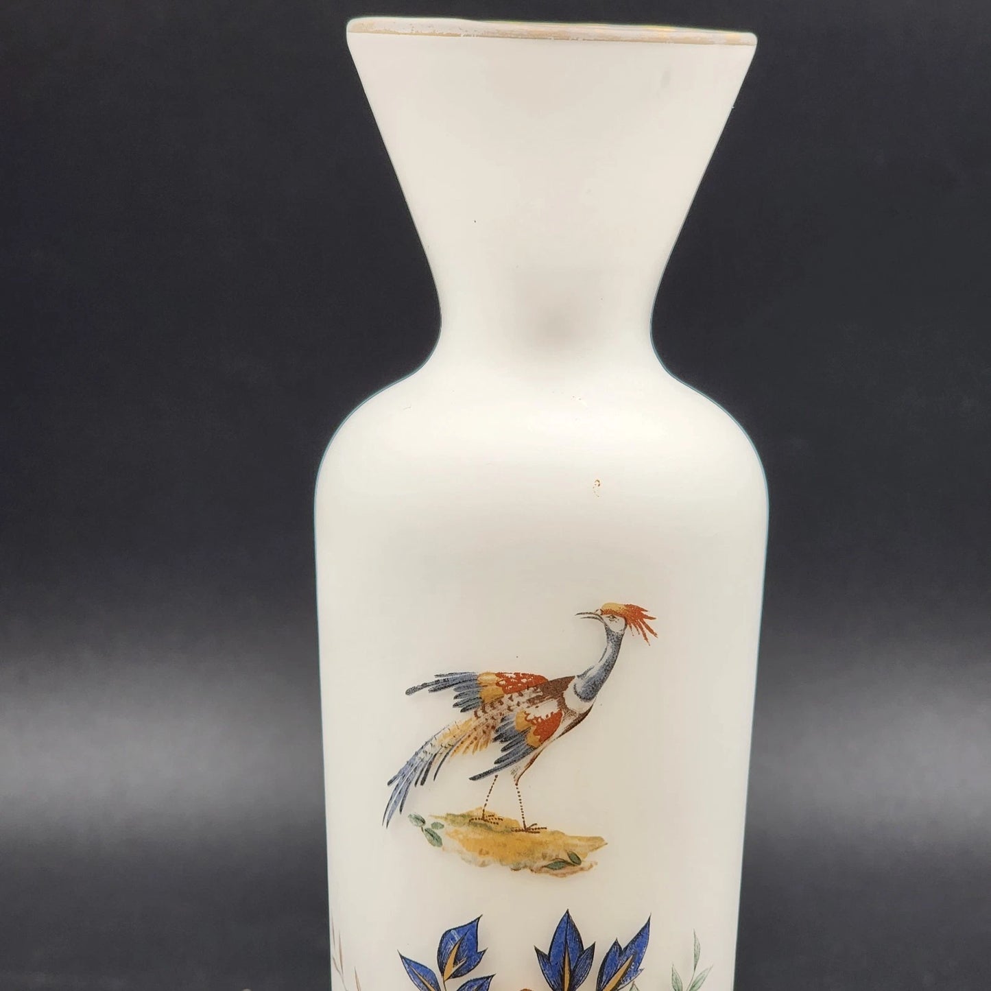 Norleans Vase 10" Hand Painted Bird & Floral Frosted Satin Art Glass w Gold Trim