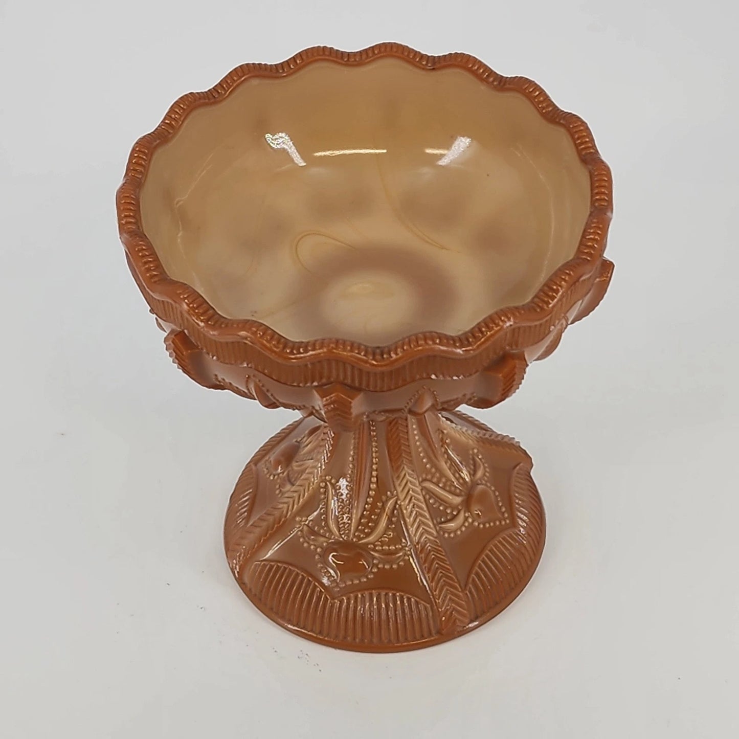 Greentown Chocolate Glass Compote Cactus Pattern Pedestal Scalloped 1890's Vtg