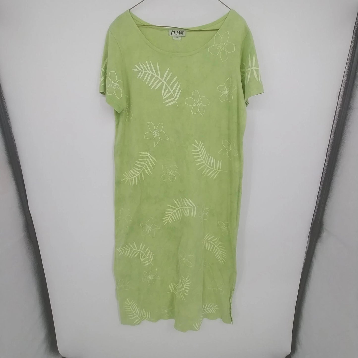 M Mac Shift Dress Lime Green Palm Leaf Floral Print Medium Short Sleeve