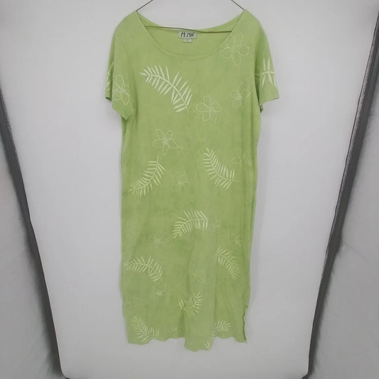 M Mac Shift Dress Lime Green Palm Leaf Floral Print Medium Short Sleeve