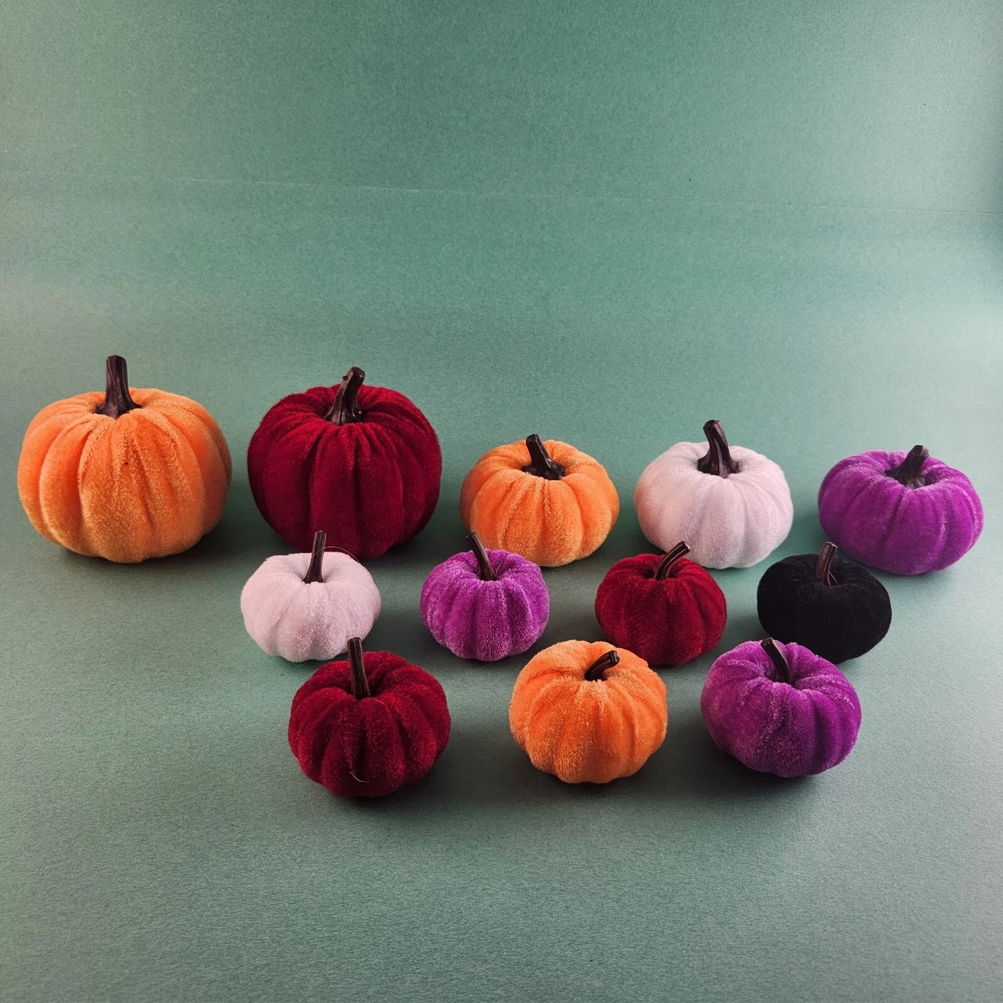 Set of 12 Velvet Pumpkins Fall Decor Purple Black Orange White Red Various Sizes