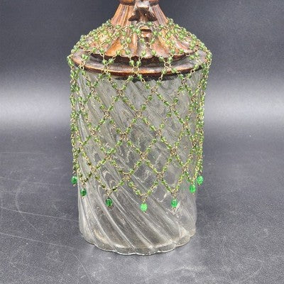 Clear Glass Swirl Decorative Jar w Carved Wood Fleur De Lis Lid & Beaded Chain