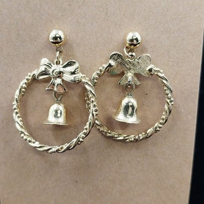 Gold Tone Holiday Metal Wreath with Bow & Dangle Bell Christmas Pierced Earrings