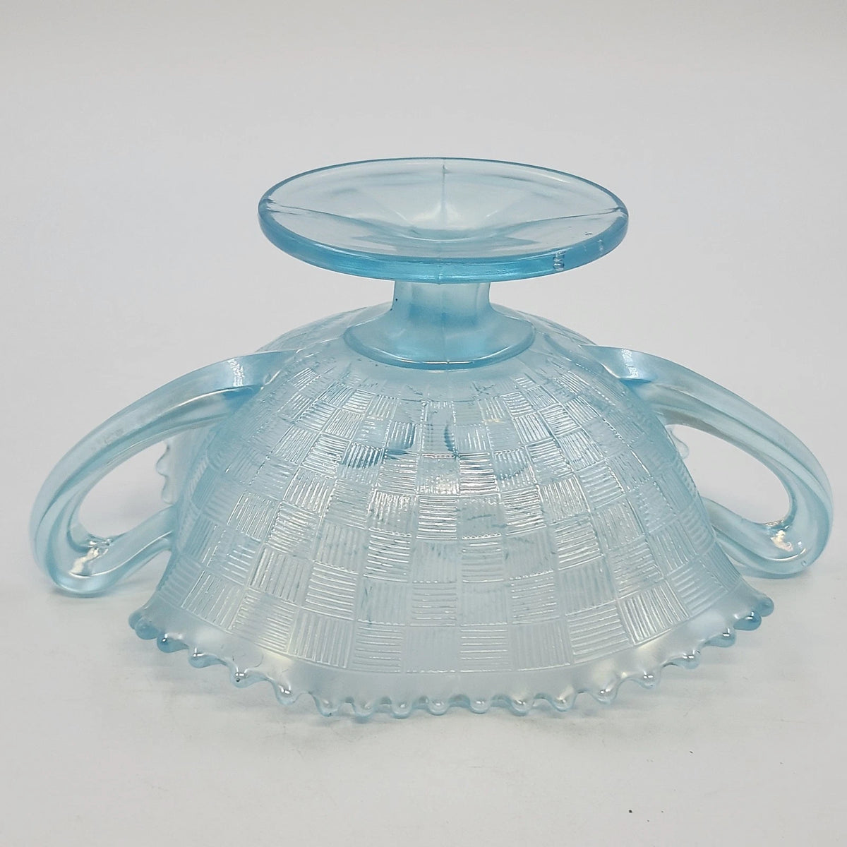 Jeannette Louisa Ice Blue Glass Pedestal Compote Double Handle Ruffled Rim 5.25"
