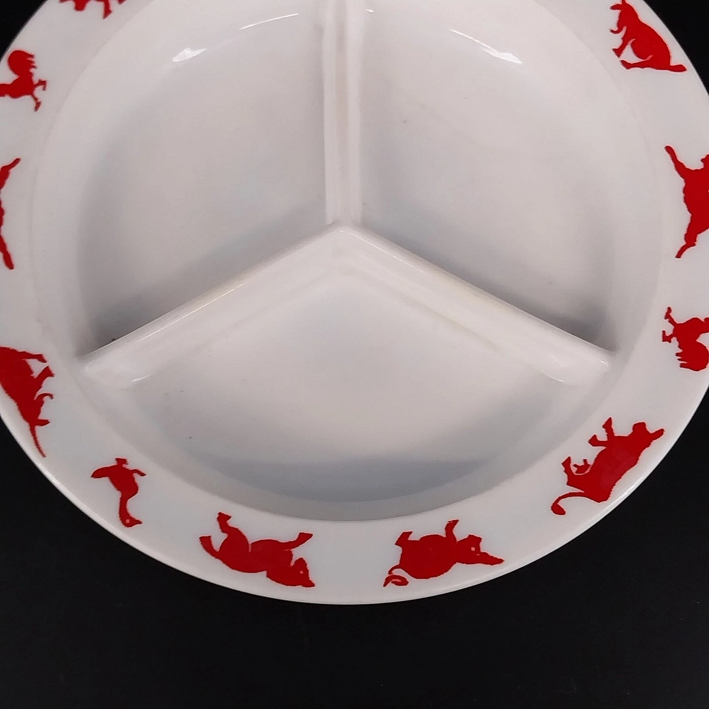 Hazel Atlas Milk Glass Child's Divided Bowl Dish Red Animal Border USA Vintage
