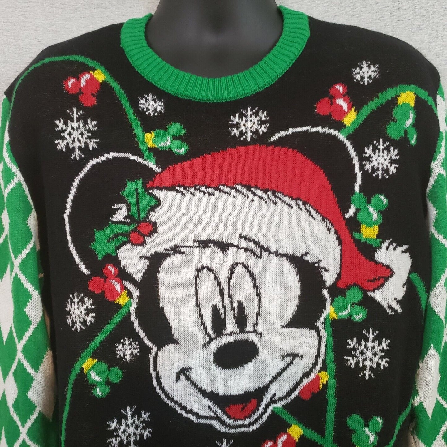 Disney Mickey Mouse Men’s Christmas Sweater L Black Green White Lights NWOT