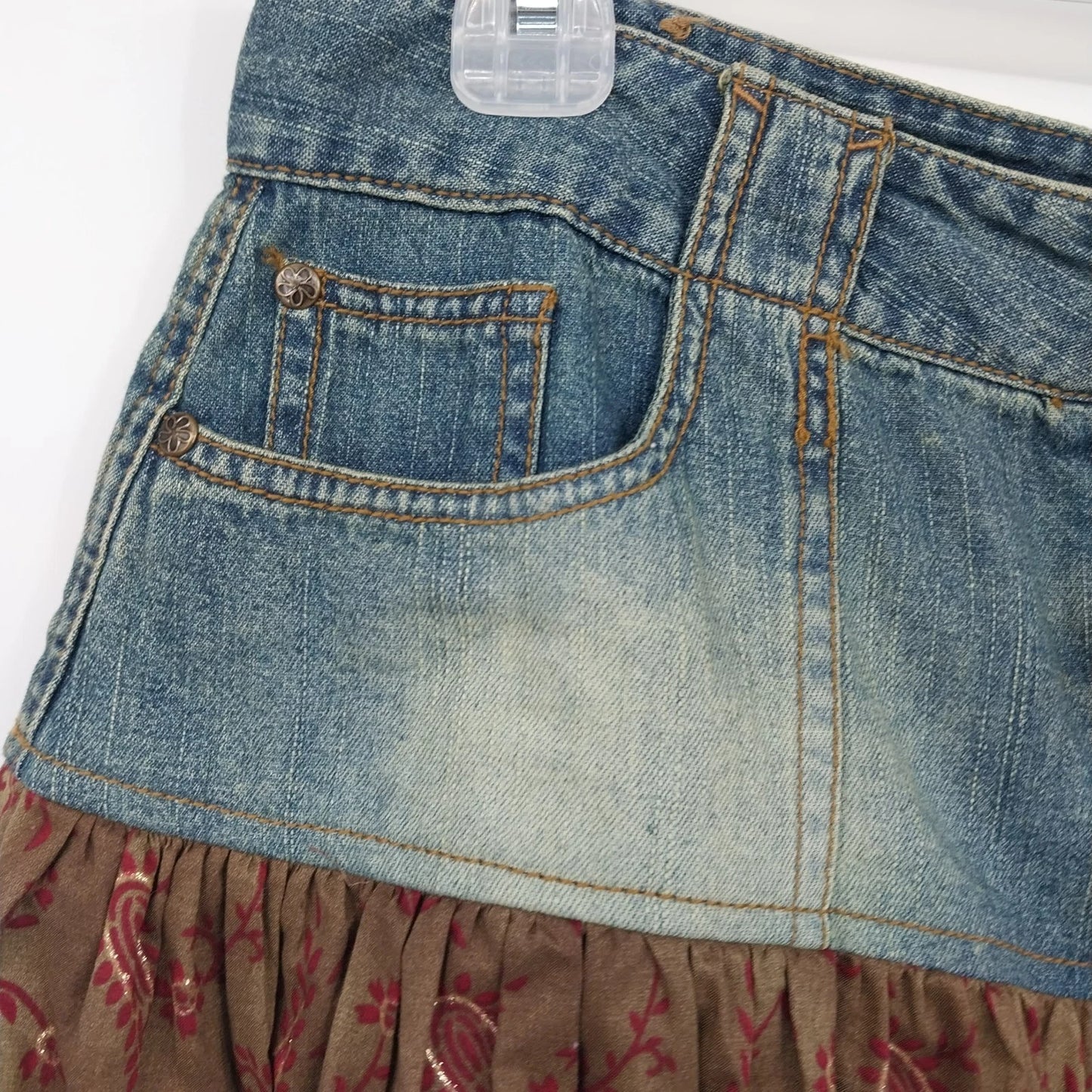 Younique Denim Patchwork Boho Midi Skirt Blue Brown Paisley Women Size 7 Button