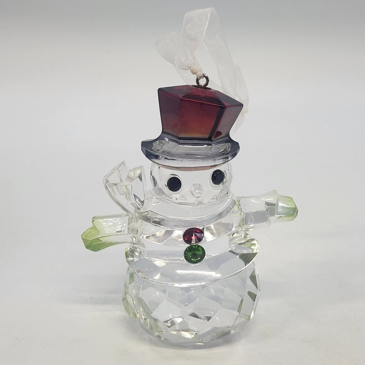 4-inch clear faceted acrylic snowman ornament with red top hat