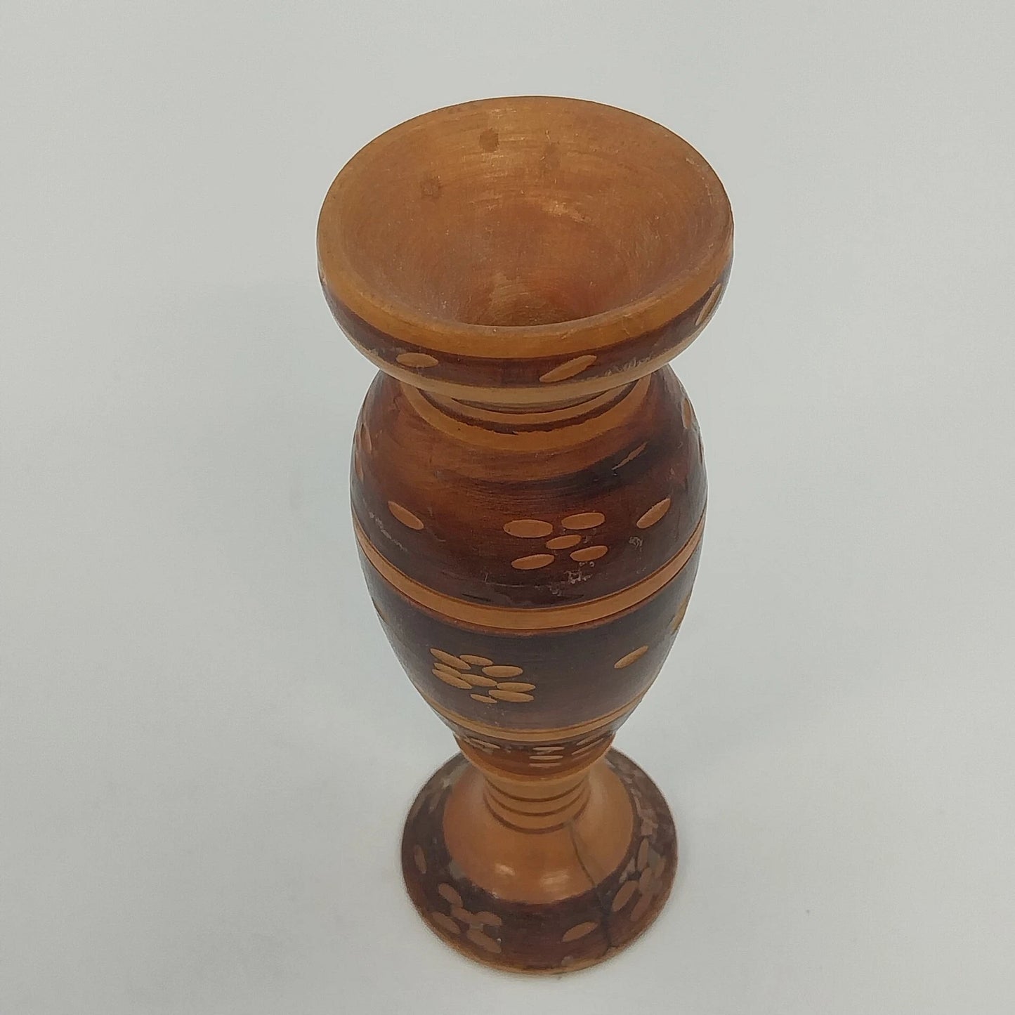 Hand Crafted Wooden Bud Vase Brown Carved Detailed Inlay Folk Art 6.9" Vintage