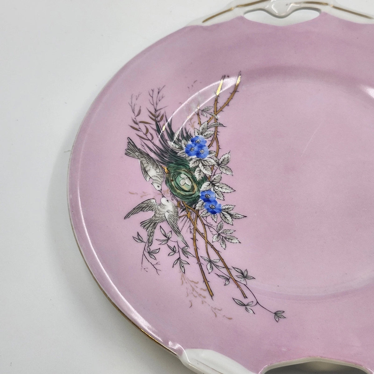 Pink Porcelain Cake Plate Birds Nest Blue Flowers Gold Handles 10.5" Antique