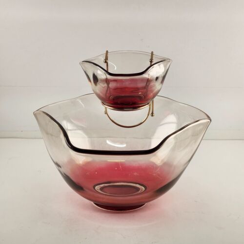 Ruby Red Fades Chip and Dip Bowl Set with Bracket Indiana Glass 10" x 9" x 8"