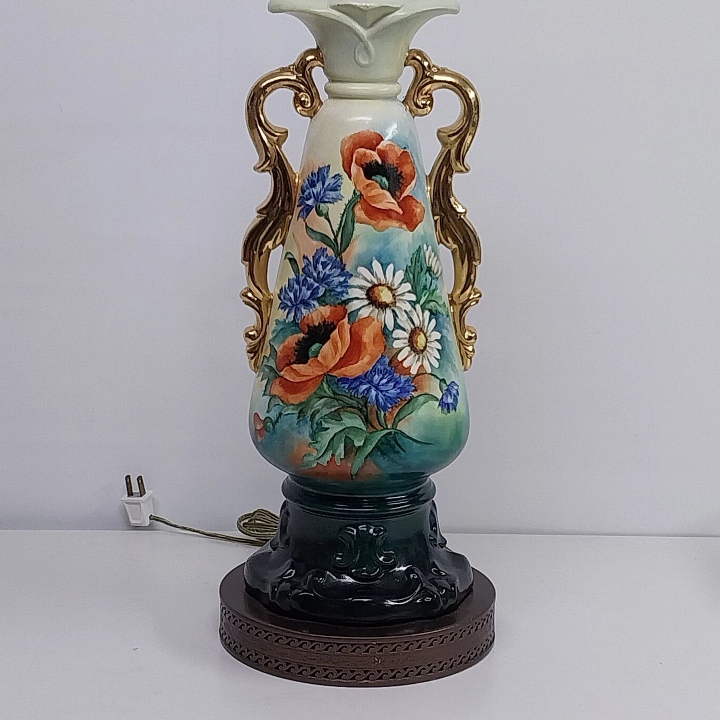 Hand Painted Urn Table Lamp Floral Pansy Gold Trim 30 Inch Vintage