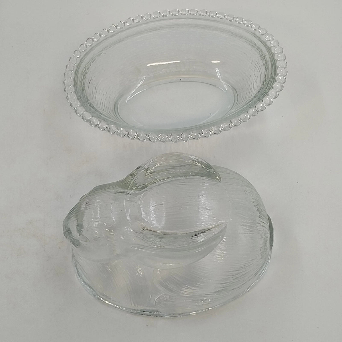 Indiana Glass Confections Bunny on Nest Candy Dish Clear Crystal w Lid USA Vtg
