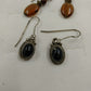 2 Dangle Earrings Silver Onyx Lever & Bronze Amber Bead Hook Set Vintage