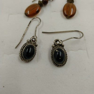 2 Dangle Earrings Silver Onyx Lever & Bronze Amber Bead Hook Set Vintage