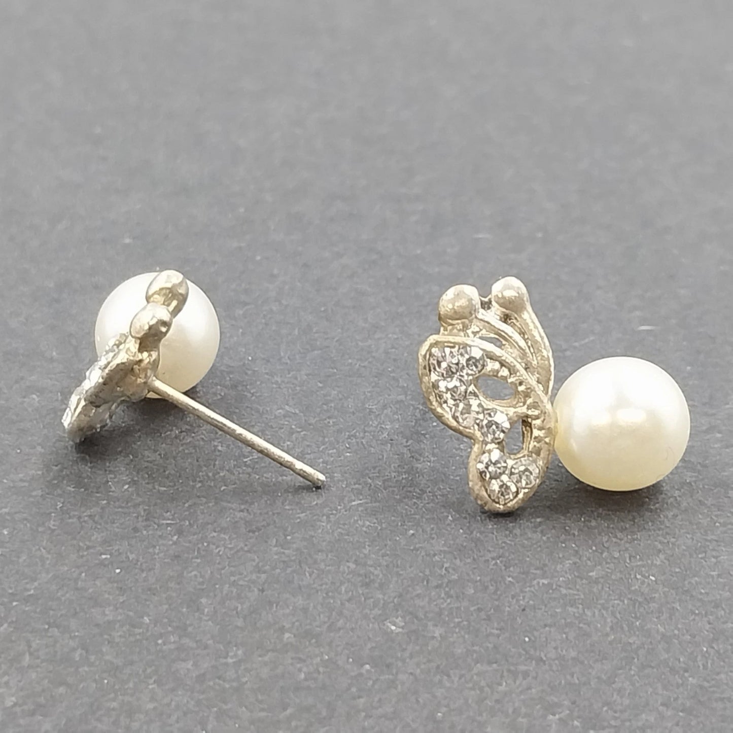 Faux Pearl Butterfly Wing Stud Earrings Gold Tone with Rhinestones Vtg Jewelry