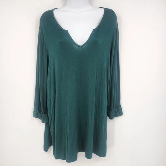 Charming Charlie Women's Teal Green V Neck Tunic Long Sleeve Top Large Roll Cuff