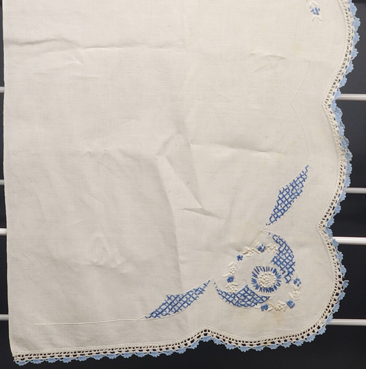 White Blue Hand Embroidered Linen Table Runner Vintage Minor Stain Pictured 40"