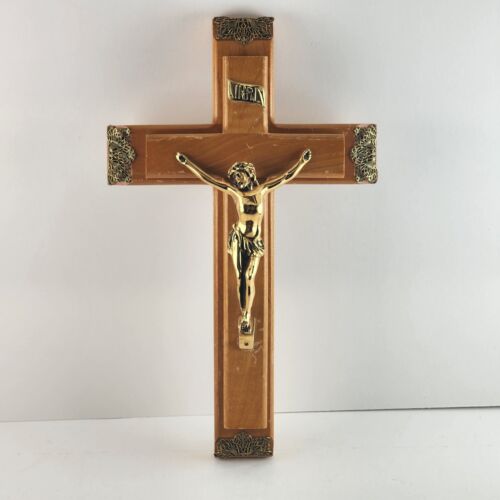 Vintage Crucifix Wooden Wall Hanging Candle Box Cross Catholic Religious Brass