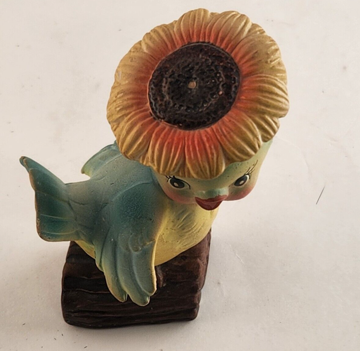 Inarco Bird on Log Figurine Japan Blue Yellow Porcelain Flower Hat 4¼" # E-1677