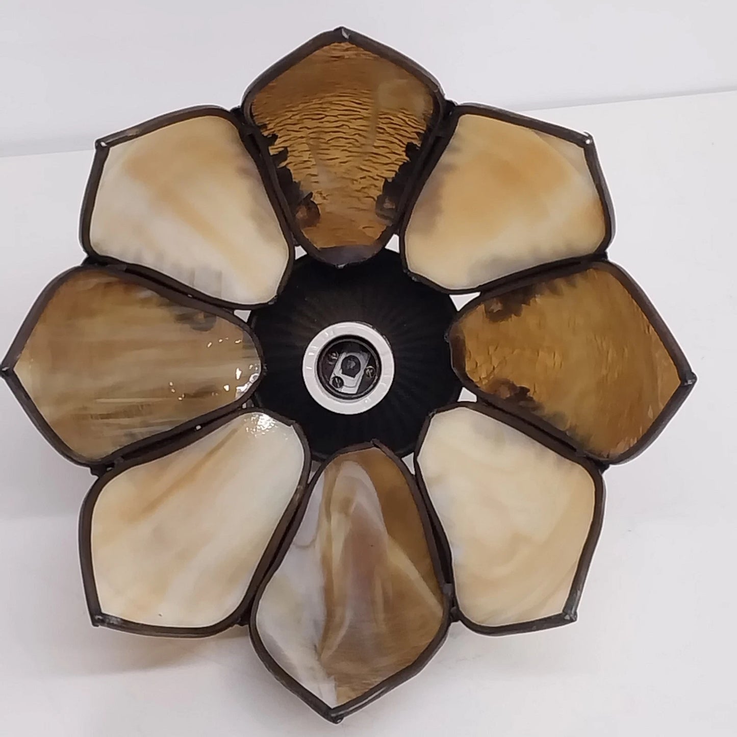 Tiffany Style Tulip Slag Glass Pendant Hanging Lamp 8 Panel Cream Amber 11" Vtg