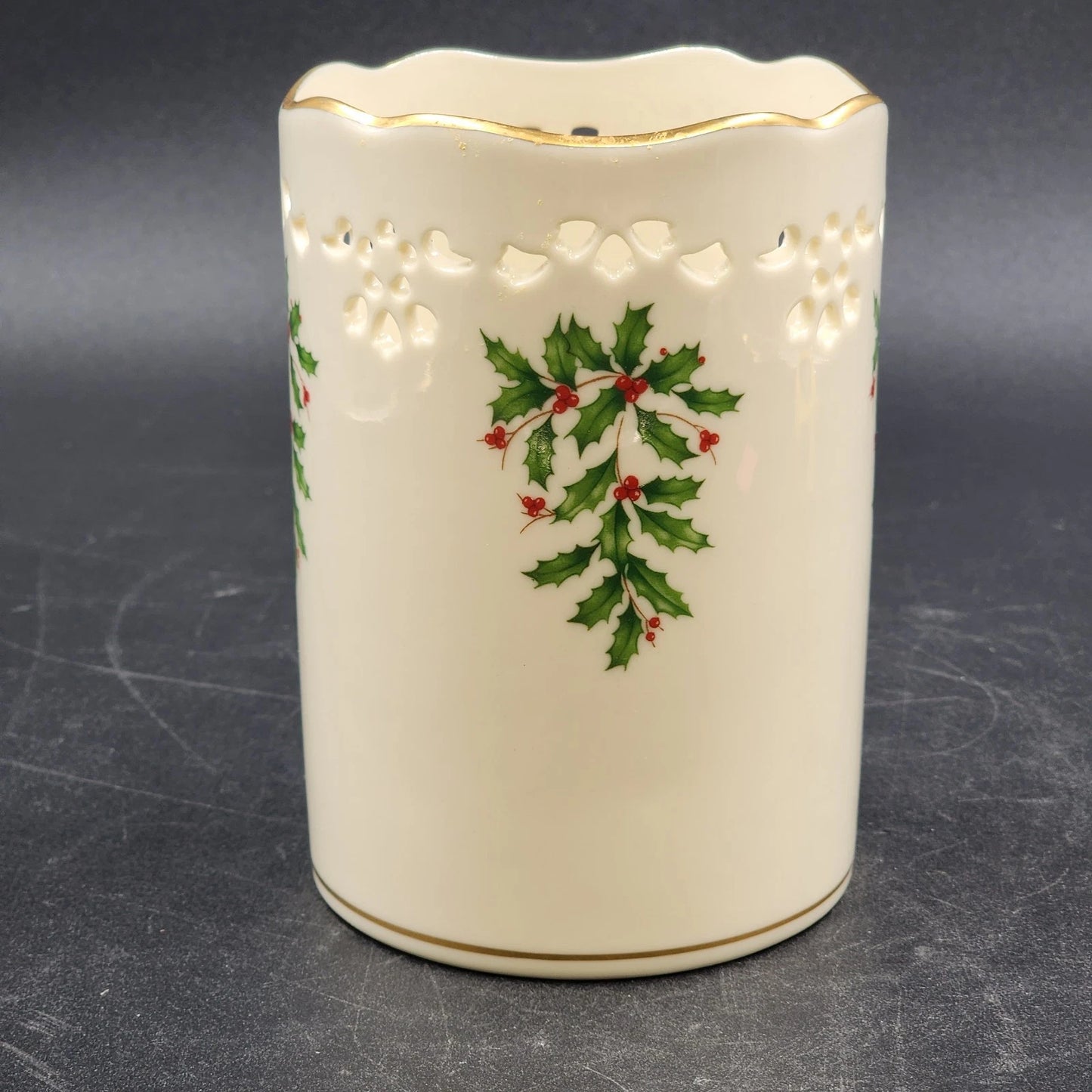 Lenox Pierced Holly Votive Candle Holder Vase Holiday Dimension Ivory Porcelain