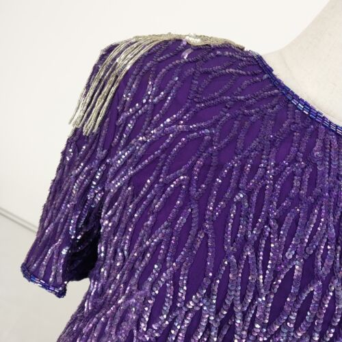 Lawrence Lazar Top Sequined Size XL Purple Silver Tasseled Shoulder Pads