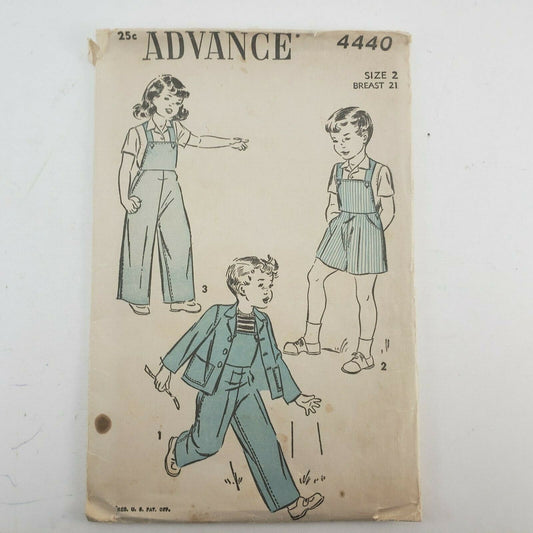 Advance Vintage Sewing Pattern 4440 Overalls & Jacket Child Size 2 Breast 21