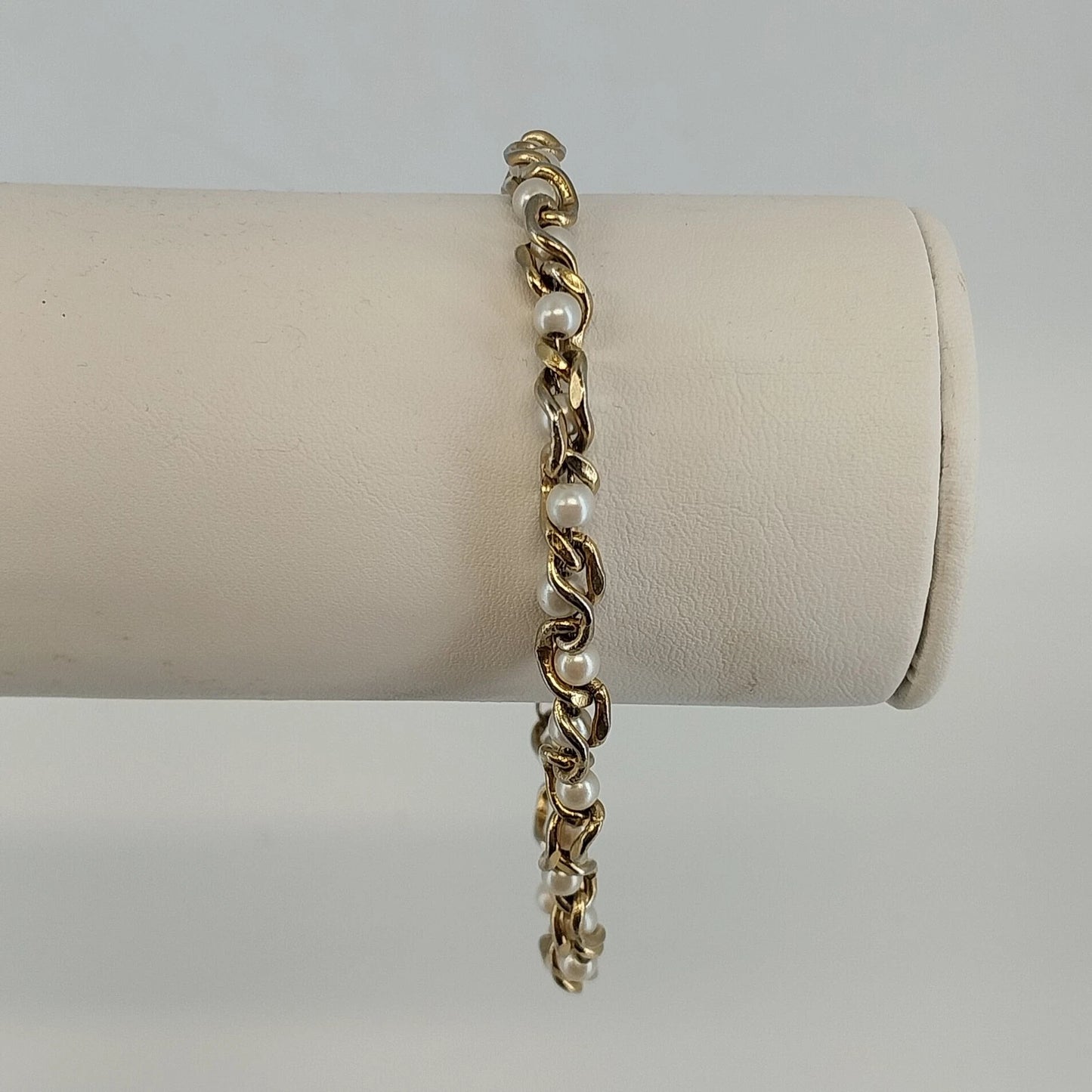 Gold Tone Link Bracelet Faux Pearl Twist Bar Accent Chain 9" Clasp Jewelry Vtg