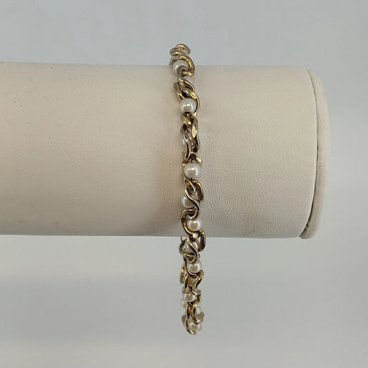 Gold Tone Link Bracelet Faux Pearl Twist Bar Accent Chain 9" Clasp Jewelry Vtg