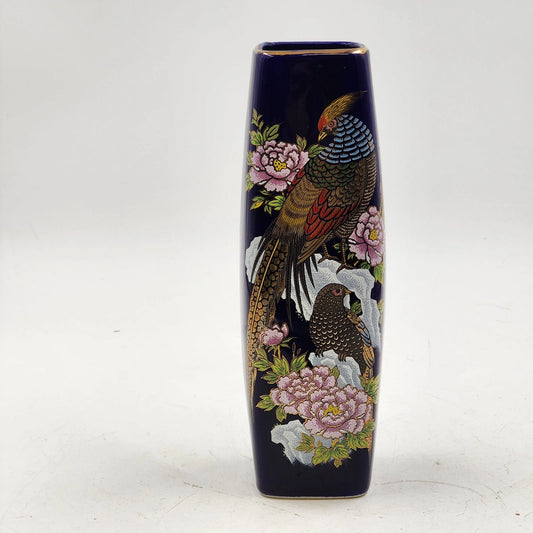 Kutani Interpur Peacocks Floral Vase Cobalt Blue & Gold Trim Japan 9.25”